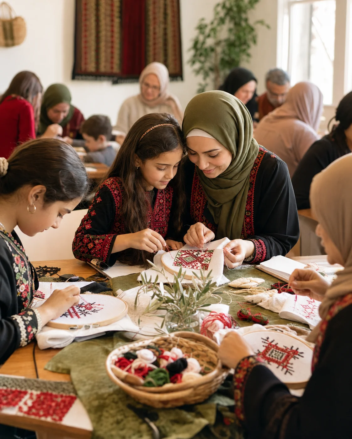 A family taking part in a cultural workshop