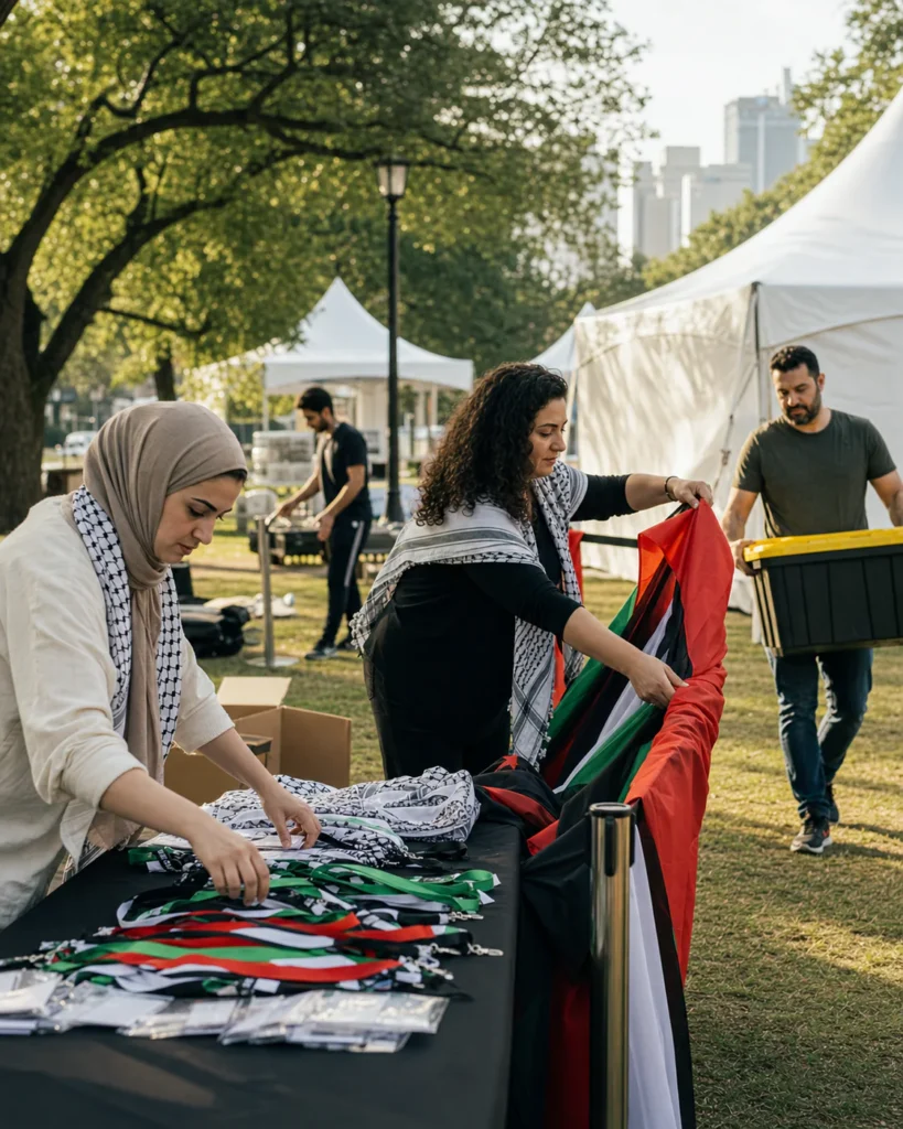 Volunteers preparing a Festival welcome area before opening