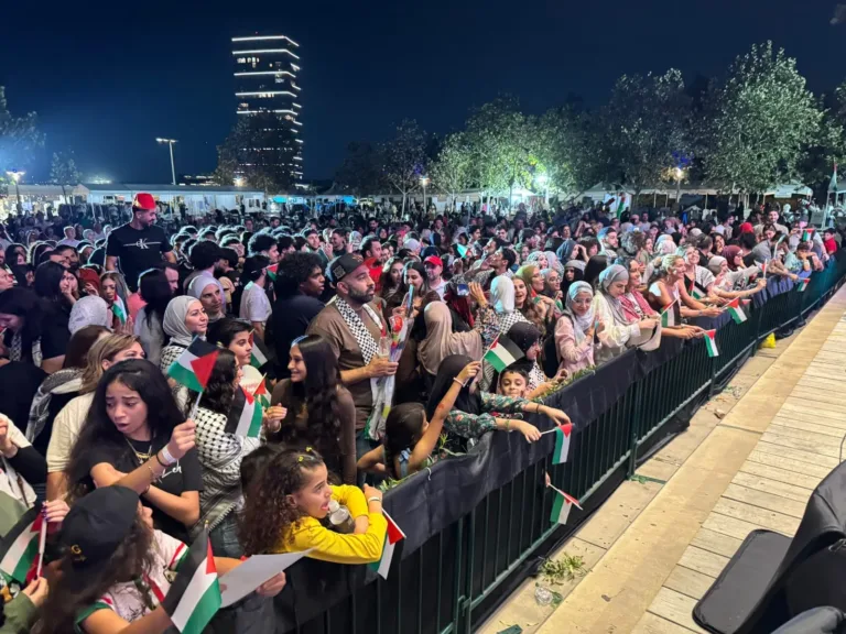 Festival audience members waving Palestinian flags during the night performance.